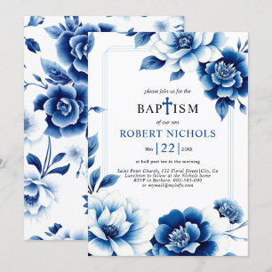 Invitation Chinoiserie florale bleue avec triple bordure Bapt