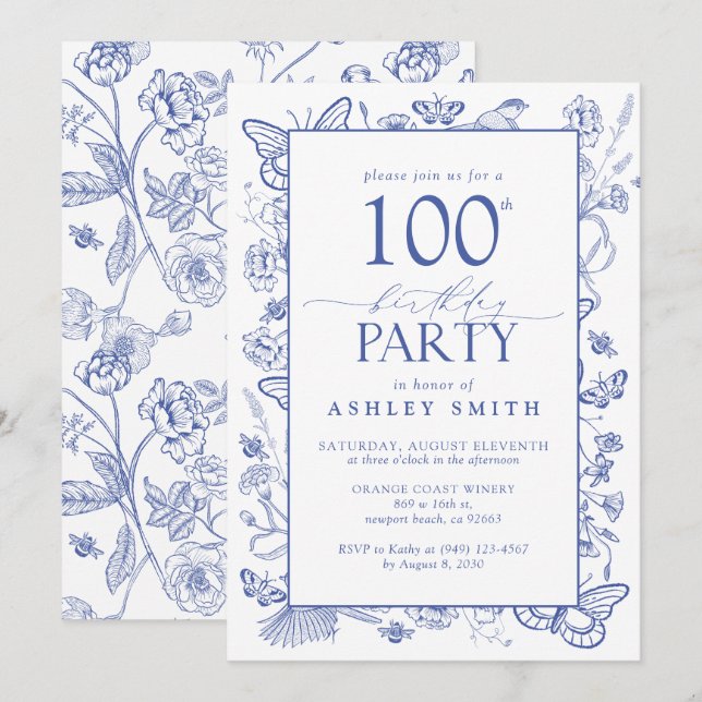 Invitation Chinoiserie French Blue 100e fête d'anniversaire (Devant / Derrière)