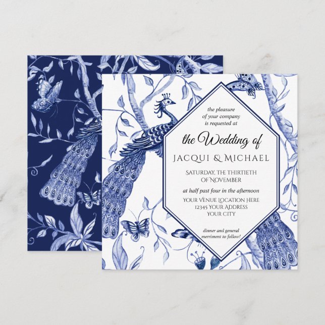 Invitation Chinoiserie Marine bleu Peacock Butterfly Hexagon (Devant / Derrière)