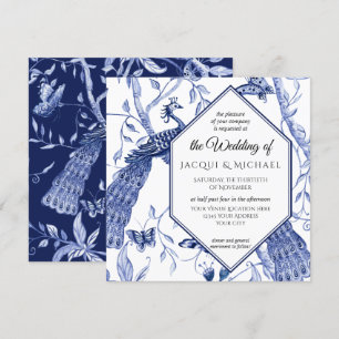 Invitation Chinoiserie Marine bleu Peacock Butterfly Hexagon