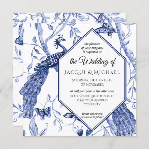 Invitation Chinoiserie Marine Bleu Peacock Mariage papillon