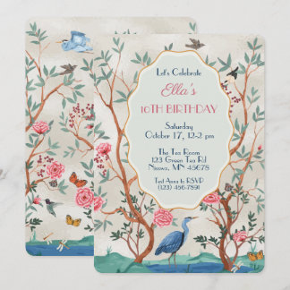 Invitation Chinoiserie Mural with Heron on faux Foil