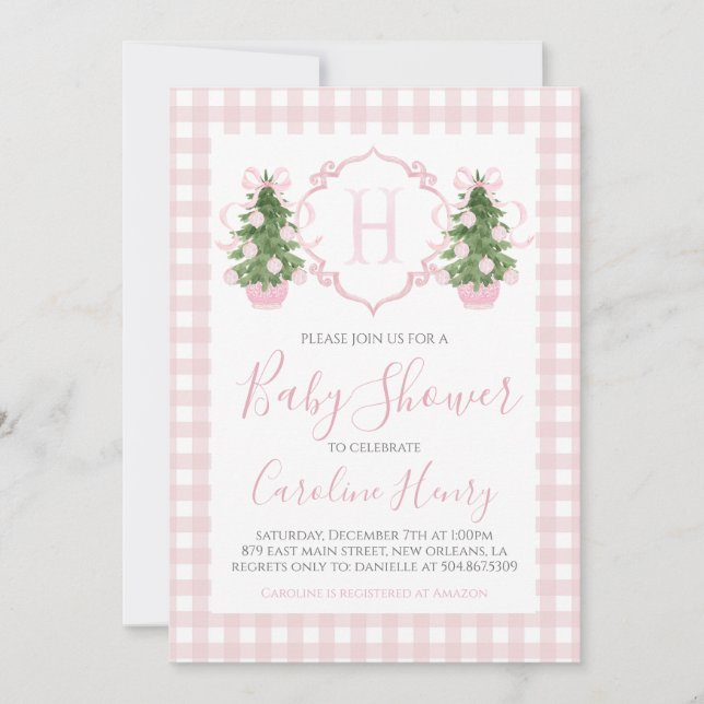 Invitation Chinoiserie Noël rose Baby shower Preppy (Devant)