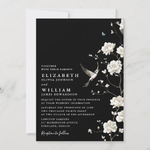 Invitation Chinoiserie noire et blanche Floral QR Code Mariag