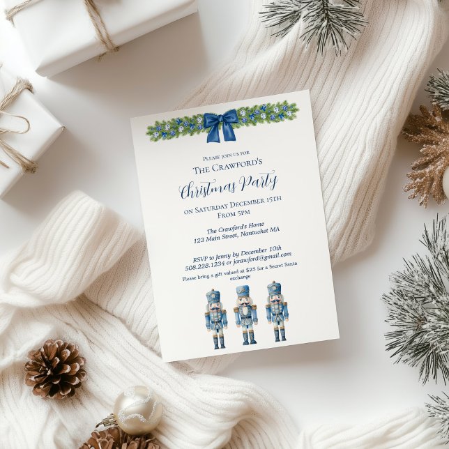 Invitation Chinoiserie Noisette Bleue et Blanc Noël (Blue Nutcracker Christmas Party Invitation)