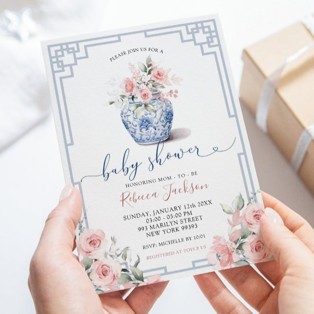 Invitation Chinoiserie rose pâle Baby shower de pot de gingem (Créateur téléchargé)