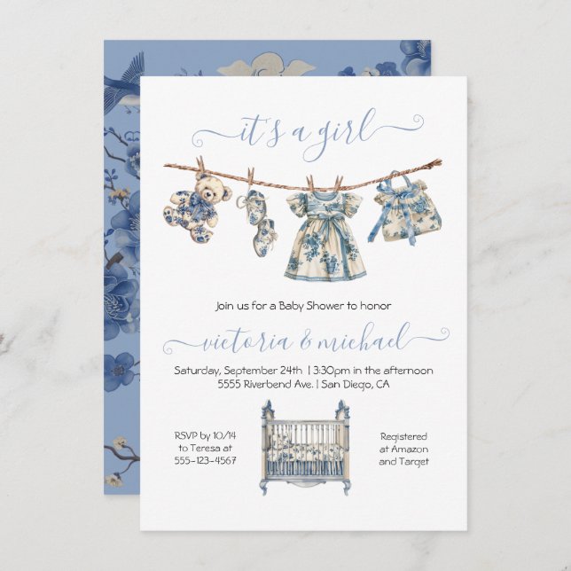 Invitation Chinoiserie Toile Clothesline Baby shower fille (Devant / Derrière)