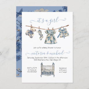 Invitation Chinoiserie Toile Clothesline Baby shower fille