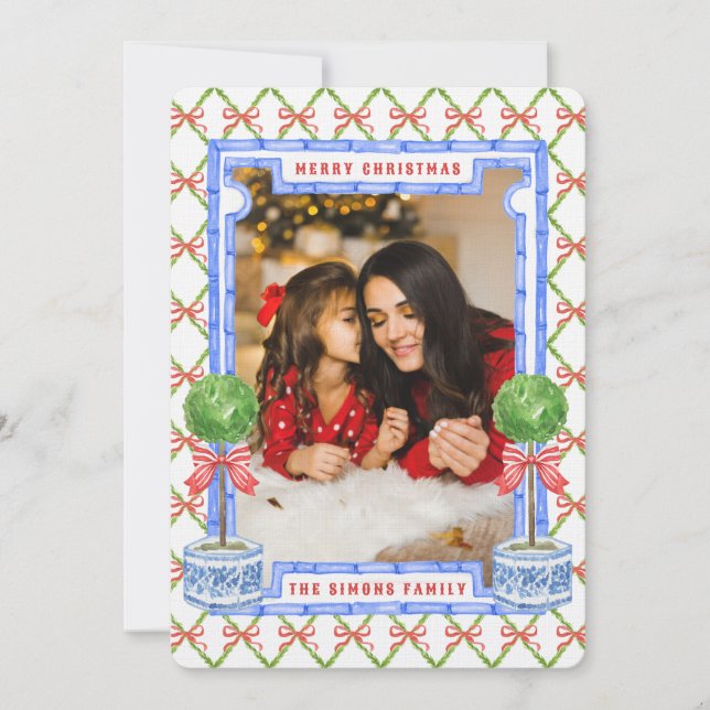 Invitation Chinoiserie Topiary avec des vaches rouges | Noël (Devant)