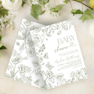 Invitation Chinoiserie Vintage Floral Sage Baby shower vert