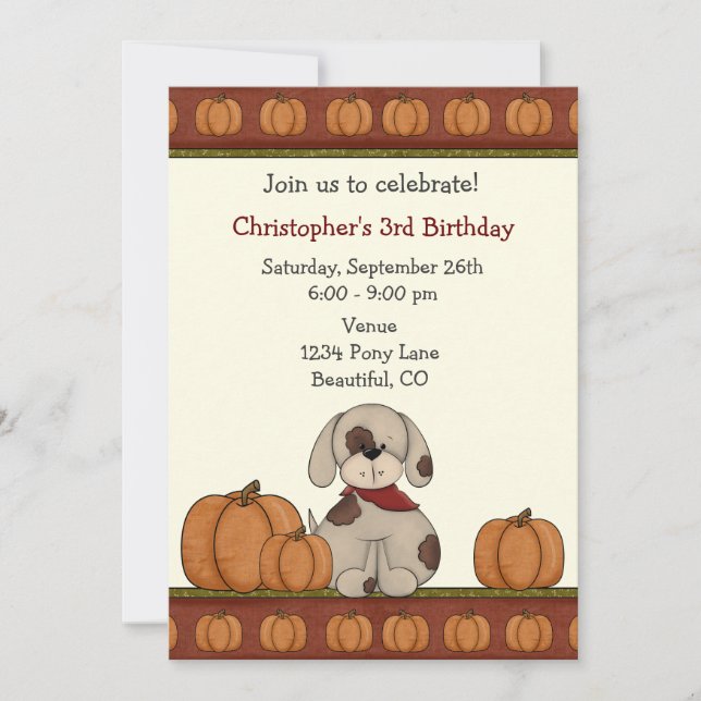 Invitation Chiot et Citrouille Automne Anniversaire Invitatio (Devant)