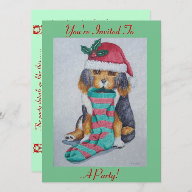Invitation chiot noir et brun mignon avec bas de noël (Devant / Derrière)