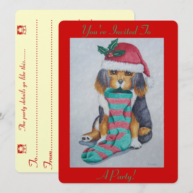 Invitation chiot noir et brun mignon vêtu pour noël (Devant / Derrière)