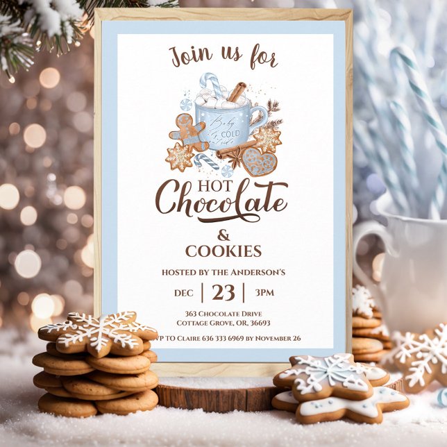 Invitation Chocolat Chaud Et Cookies Bleu Noël Moderne (Hot Chocolate And Cookies Blue Modern Christmas Invitation)