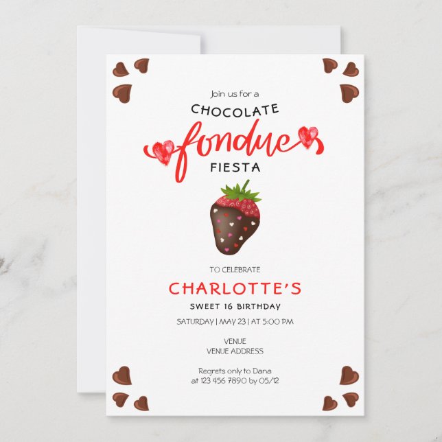 Invitation Chocolat Fondue Fiesta Coeurs fraises Anniversaire (Devant)