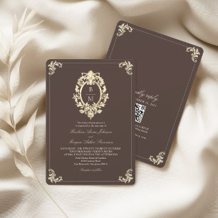 Invitation Chocolat Marron Or Baroque Monogramme QR Mariage