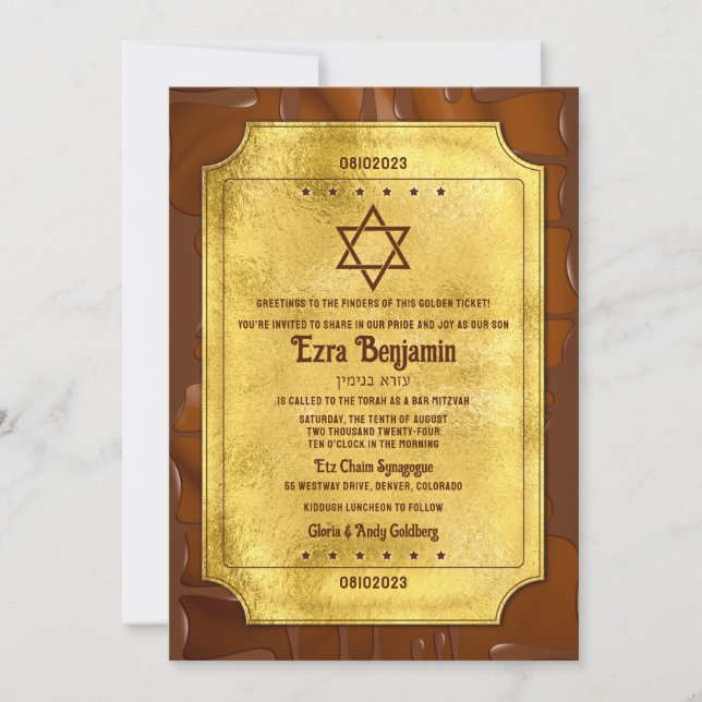 Invitation Chocolat Ticket d'Or Bat Mitzvah ou Bar Mitzvah (Devant)