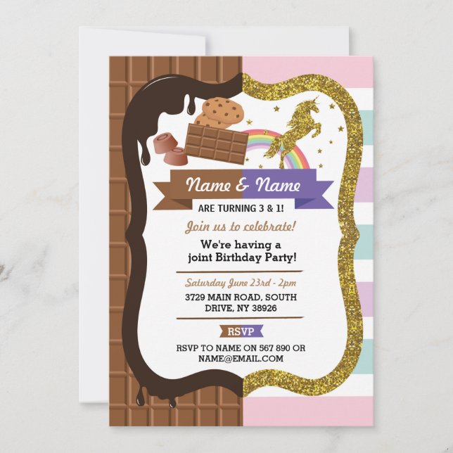 Invitation Chocolat & Unicorne N'IMPORTE QUELLE Fête D'ÂGE (Devant)