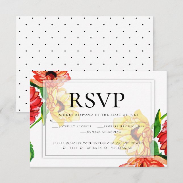 Invitation Choix de repas RSVP | Floral jaune rouge (Devant / Derrière)