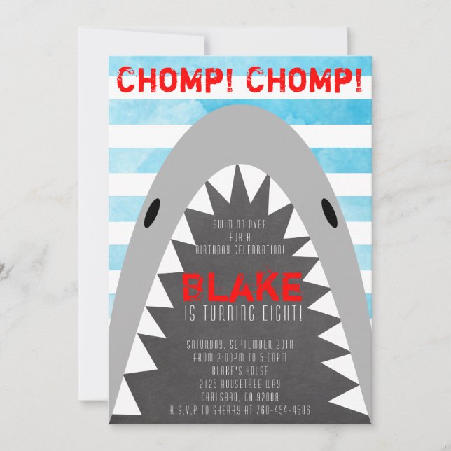 Invitation Chomp Chomp Thème de requin Anniversaire Garçon ra (Devant)