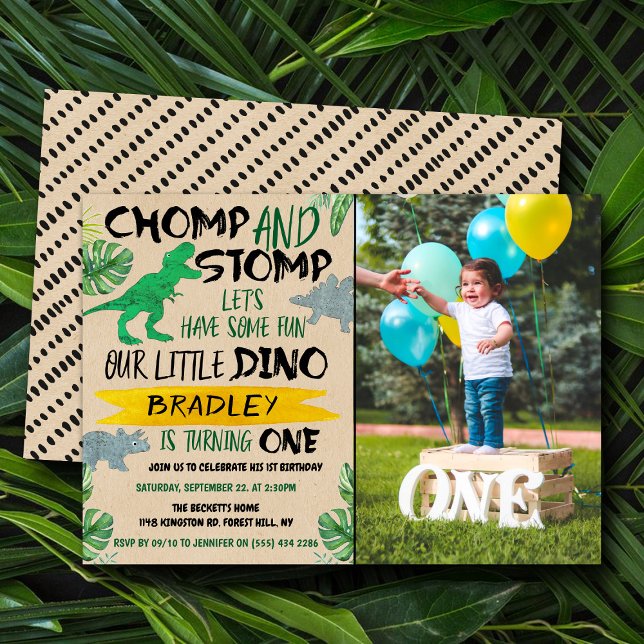 Invitation Chomp & Stomp ! Dinosaur Boys 1er Anniversaire Pho (Créateur téléchargé)