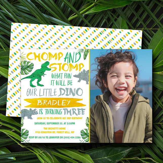 Invitation Chomp & Stomp ! Dinosaur Boys 3ème anniversaire Ph (Créateur téléchargé)