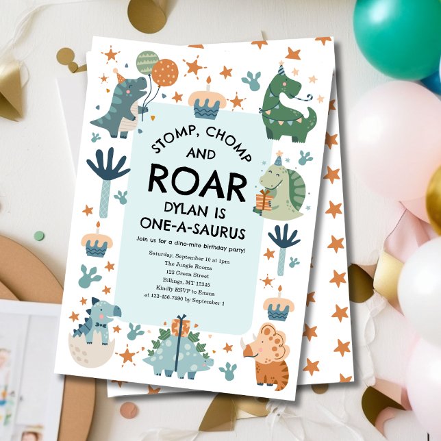 Invitation Chompe à stompe de dinosaure et premier anniversai (Créateur téléchargé)