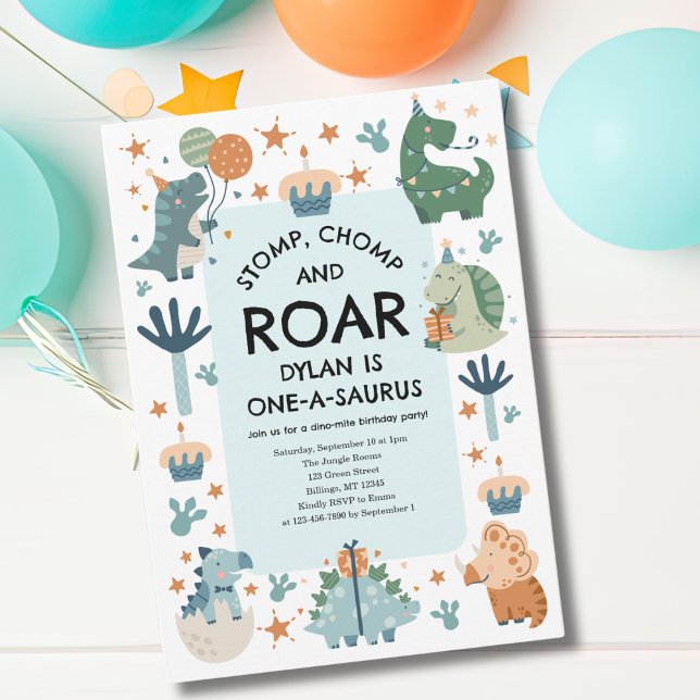 Invitation Chompe à stompe de dinosaure et premier anniversai (Créateur téléchargé)