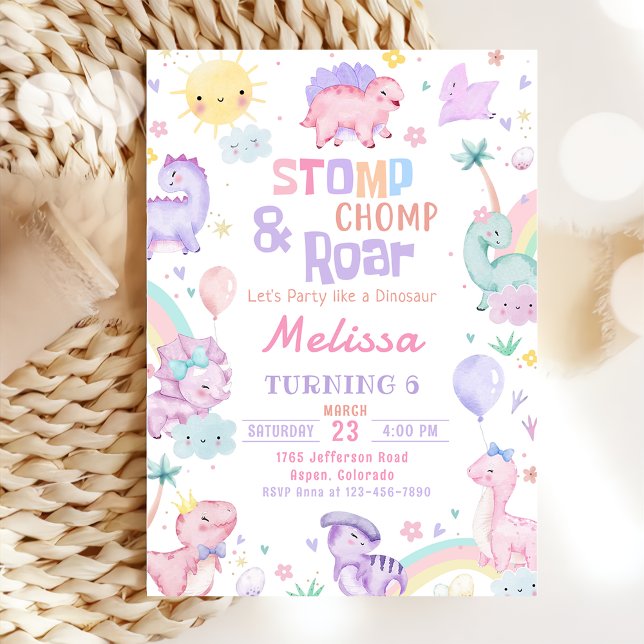 Invitation Chompe au stomp et dinosaure rose rôti Anniversair (Créateur téléchargé)