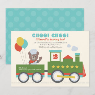 Invitation Choo Choo Train Aqua Bear Conducteur Fête d'annive