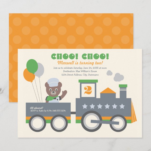 Invitation Choo Choo Train Orange Bear Conducteur Anniversair (Devant / Derrière)