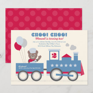 Invitation Choo Choo Train Red Bear Conducteur Anniversaire