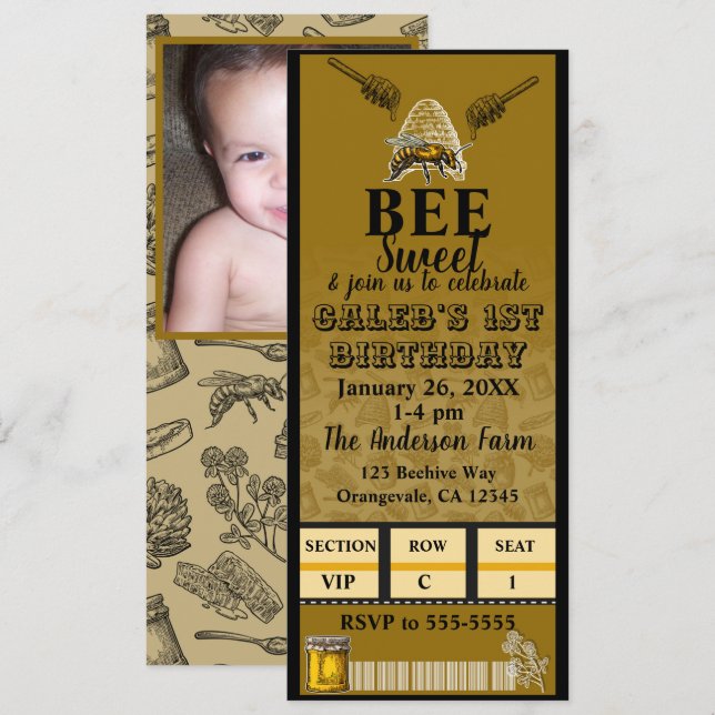 Invitation Chou Bee Beehive Anniversaire Photo Ticket (Devant / Derrière)