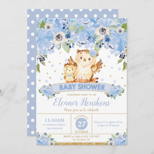 Invitation Chouette Baby shower Floral Fleurs Bleues Baby Boy (Devant / Derrière)