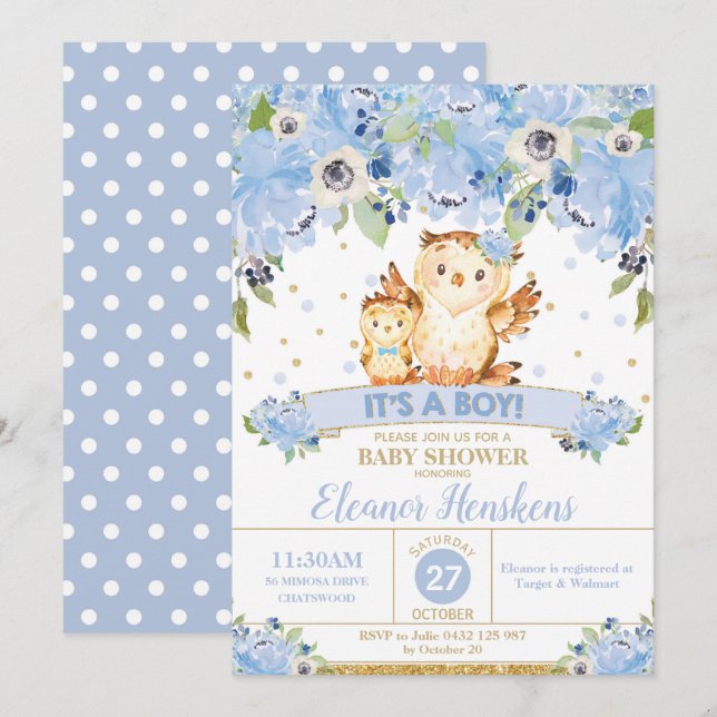 Invitation Chouette Baby shower Floral Fleurs Bleues Baby Boy (Devant / Derrière)