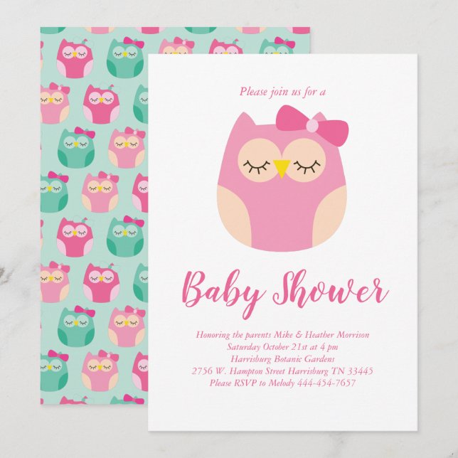 Invitation Chouette Bébé Douche Oiseau rose Fille (Devant / Derrière)