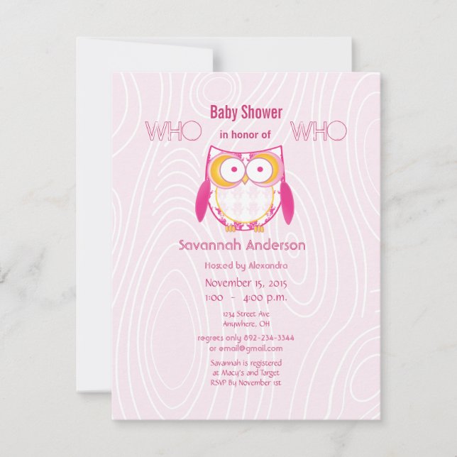 Invitation Chouette bébé fille PINK Motif de grains de bois D (Devant)