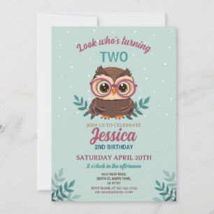 Invitation Chouette Birthday Mint Girls Hoot Glasses mignonne