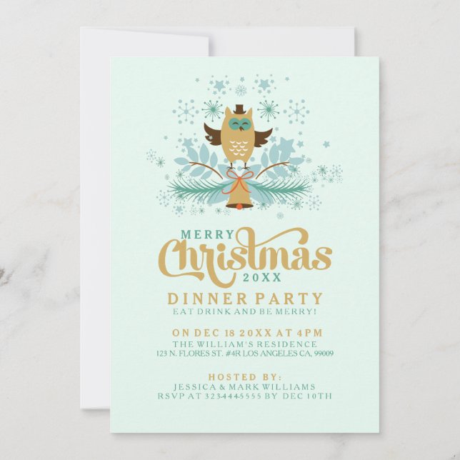 Invitation Chouette De Noël, Bell Et Dîner De Serre Invitatio (Dos)