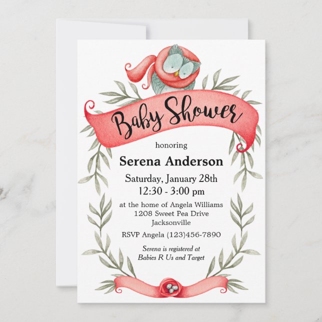 Invitation Chouette des bois dans le Baby shower de l'Écharpe (Devant)