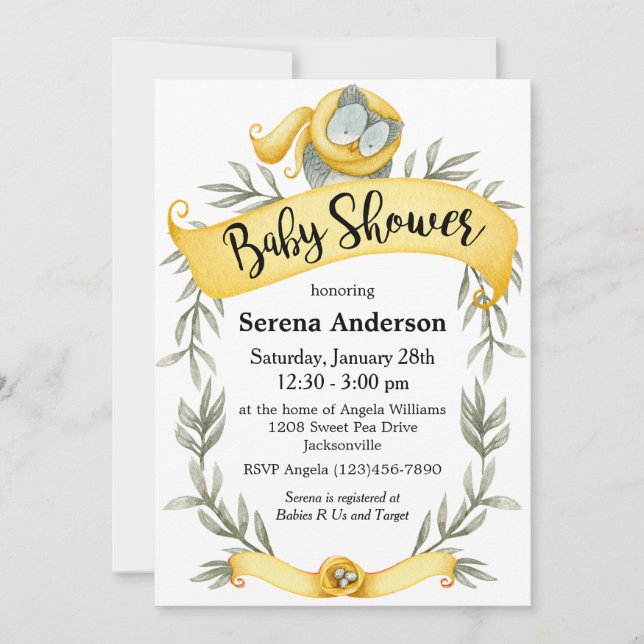 Invitation Chouette des bois dans le Baby shower de l'Écharpe (Devant)