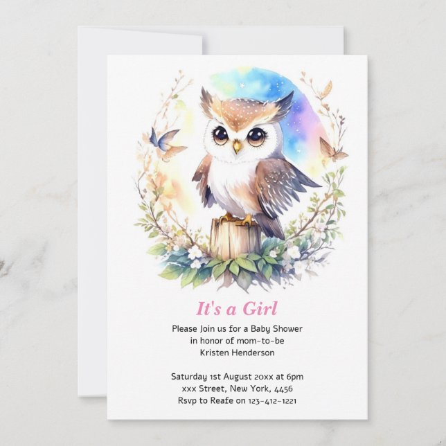 Invitation Chouette en bois de Whimsical Baby Girl Douche (Devant)