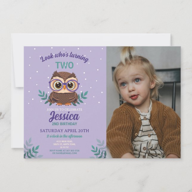 Invitation Chouette Filles Anniversaire Lunettes de bain viol (Devant)