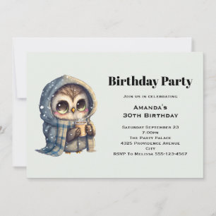 Invitation Chouette mignonne en hiver avec café Anniversaire