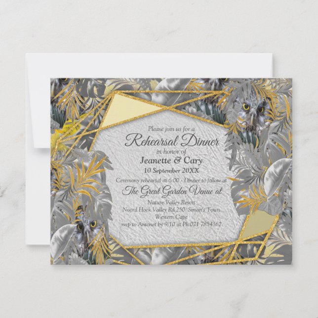 Invitation Chouette mignonne - yeux pétillants & feuilles gri (Devant)
