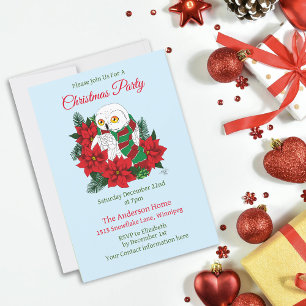 Invitation Chouette neigeuse Poinsettias rouges Noël
