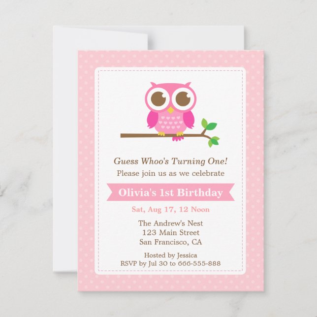Invitation Chouette Pois rose fête d'anniversaire (Devant)