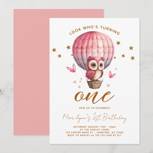 Invitation Chouette rose 1er anniversaire (Devant / Derrière)