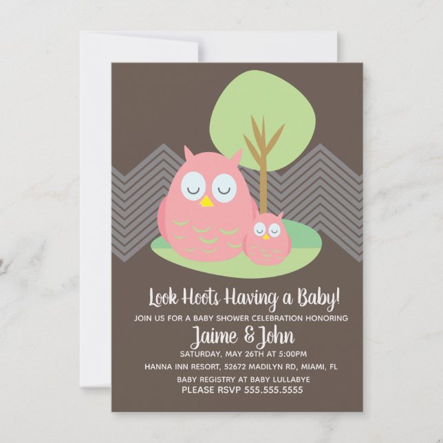 Invitation Chouette rose Bois Baby shower Révélation de genre (Devant)
