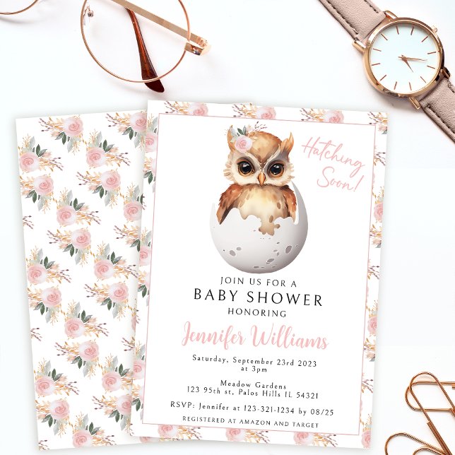 Invitation Chouette rose fleurie chouette douche bébé fille I (Créateur téléchargé)